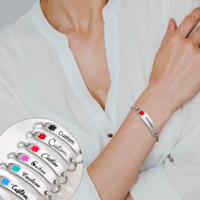 women's medical alert id bangle bracelet — free personalised engraving | stainless steel emergency bracelet for diabetes & epilepsy